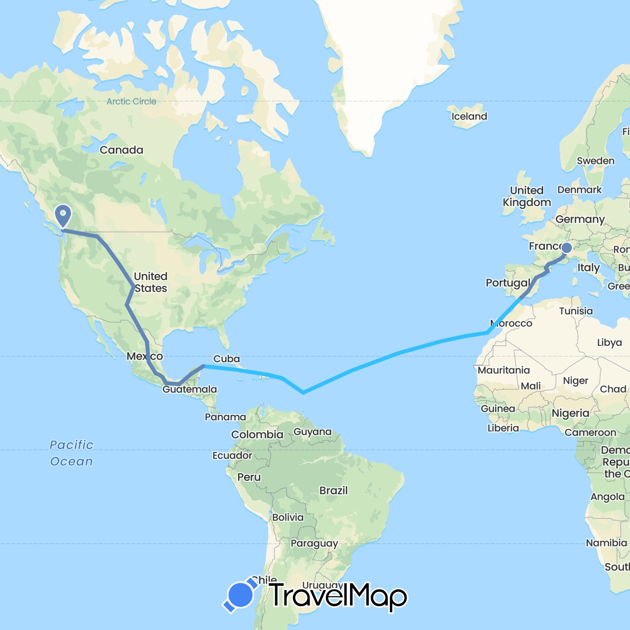 TravelMap itinerary: cycling, boat in Andorra, Canada, Switzerland, Dominican Republic, Spain, France, Gibraltar, Mexico, United States (Europe, North America)